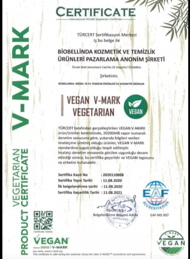 Biobellinda Vegan Sertifikası